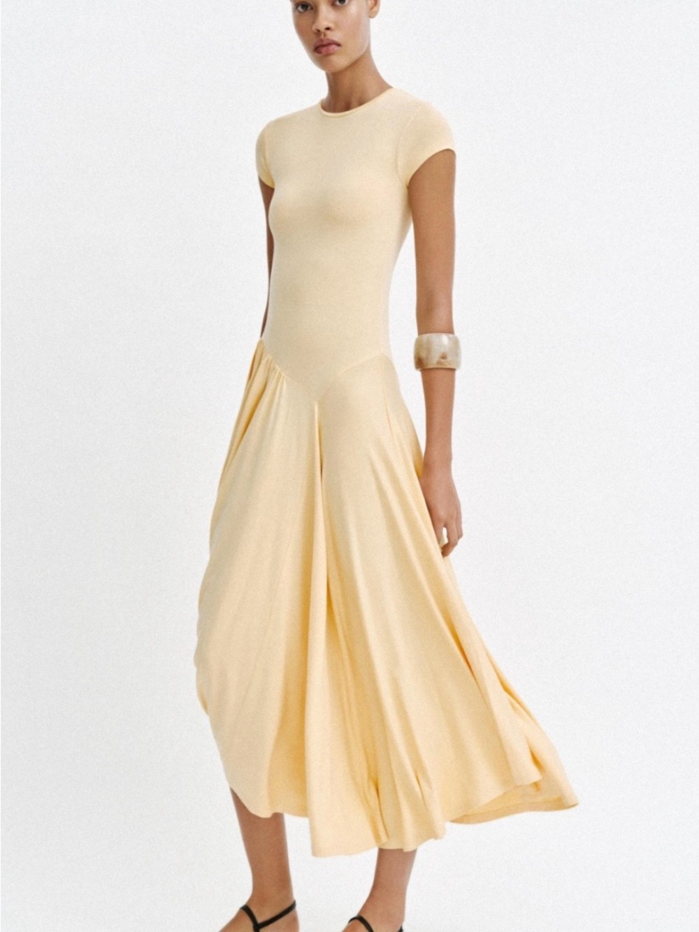 Zara Pale Yellow Asymmetrical Cap-Sleeve Midi Dress Size Large NWT